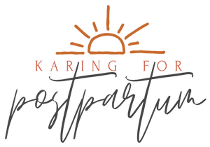 Karing for postpartum logo with sun and script lettering