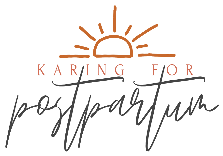 Karing for postpartum logo with sun and script lettering